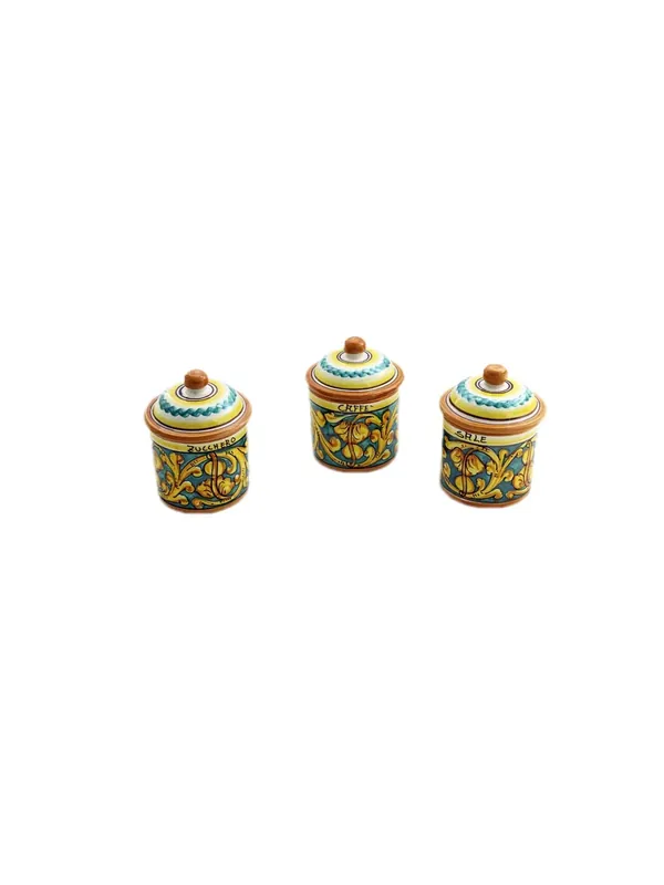 Spedizione Espresso Tris 3 barattoli zucchero caffè sale in ceramica siciliana art.8 dec. Gianluca