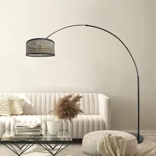 Lampada ad arco Sparkled Light, nera/intreccio nero e legno Super Prezzo