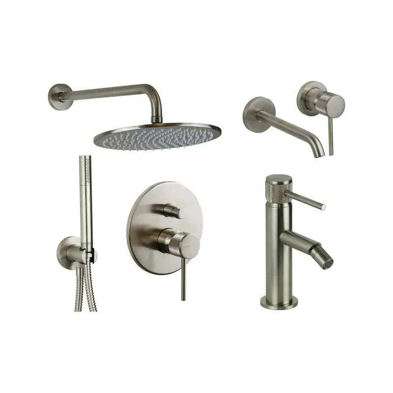 Offerta Lampo Wall mounted washbasin mixer set, bidet and shower kit in brushed steel finish with luxury handle Gattoni Beta KITBETA6NS