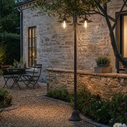 Lampada da esterno Lindby Bilma, a 3 luci, color ruggine, 220 cm, vetro, IP65 Prezzo Di Fabbrica