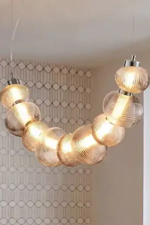 Lampada LED a sospensione Bolla, cromo/grigio fumo, vetro, lunghezza 79,5 cm Ordina Subito