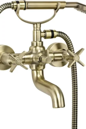 A Buon Prezzo Double lever bath mixer with hand shower in brushed brass colour Deante Temisto BQT_M11D