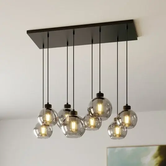 Lampada a sospensione Cubus, lunghezza 95 cm, a 8 luci, grigio fumo, vetro Reso Gratuito