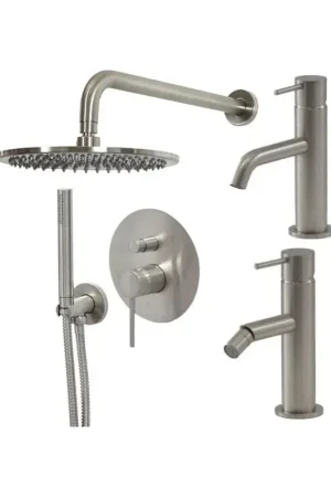 Washbasin mixer set, bidet mixer and shower kit in brushed steel color Gattoni Easy KITEASY4NS Pagamento Sicuro
