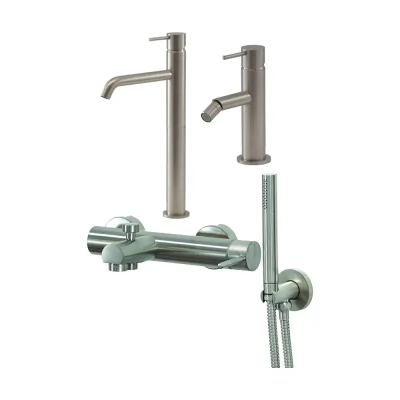 Prezzo Basso High washbasin mixer set, bidet mixer and bathtub kit in brushed steel color Gattoni Easy KITEASY8NS