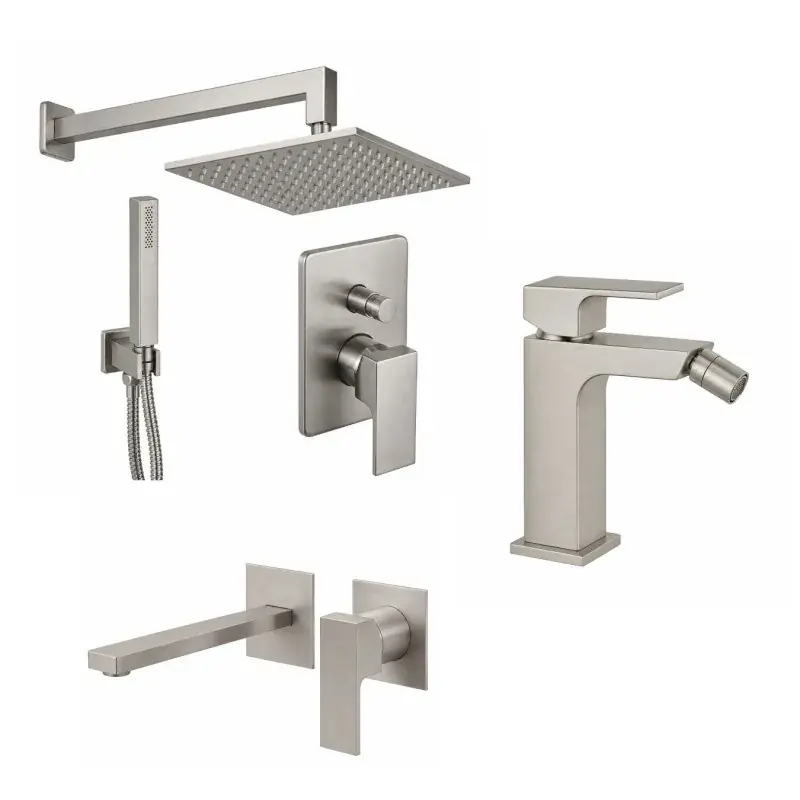 Wall mounted washbasin mixer set, bidet and shower kit in brushed nickel color Gattoni SQUARE KITSQUARENS6 Offerta Del Giorno