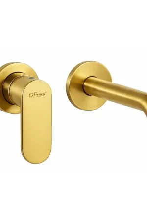 Wall mounted washbasin mixer with 199 mm long spout in brushed gold color Paini Domus 18PJ208 Sconto