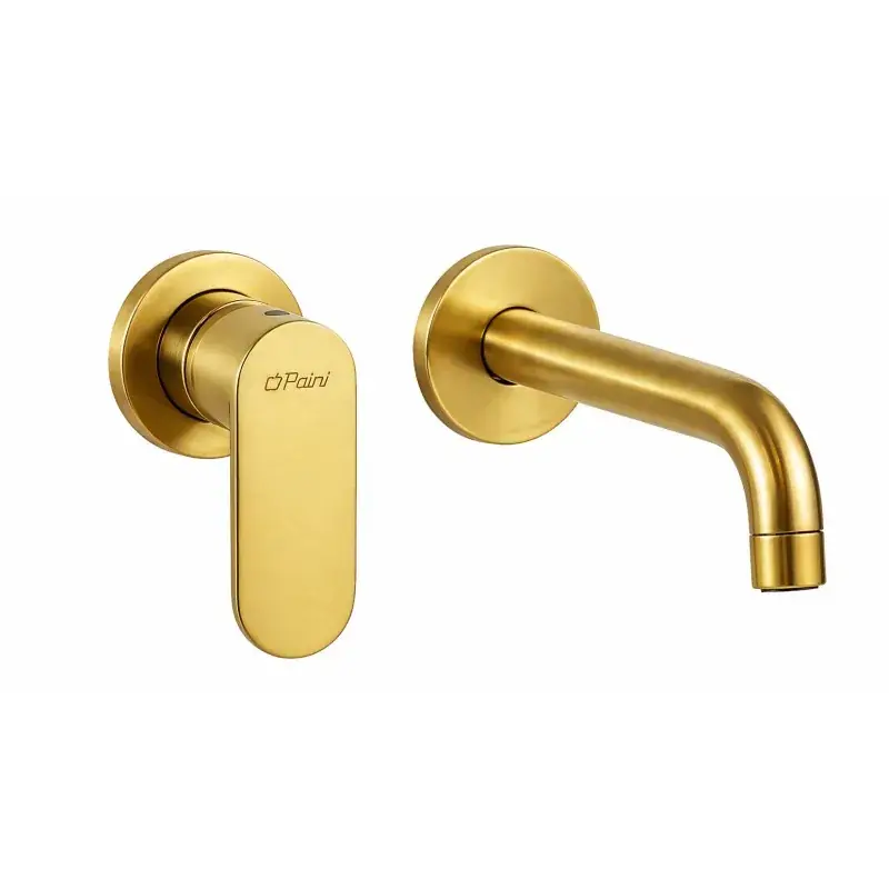 Wall mounted washbasin mixer with 199 mm long spout in brushed gold color Paini Domus 18PJ208 Sconto