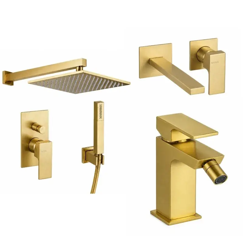 Compra Online Set miscelatori lavabo a parete, bidet e kit doccia in colore oro spazzolato Gattoni SQUARE KITSQUARESG6