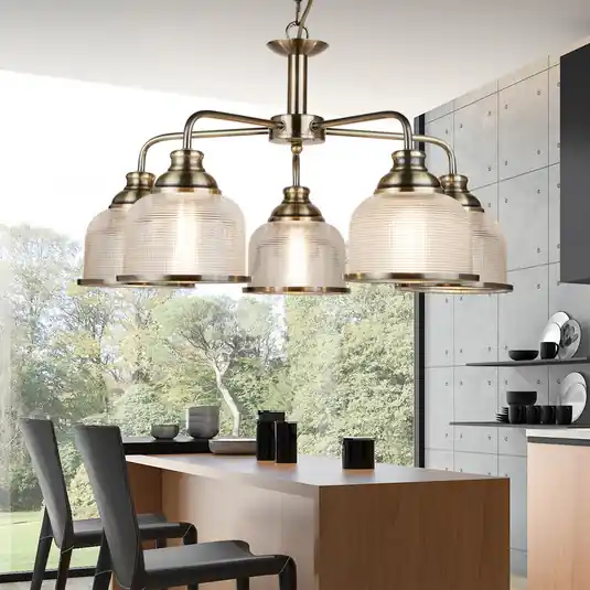 Lampada sospensione Bistro II 5 luci ottone/vetro Offerta Limitata
