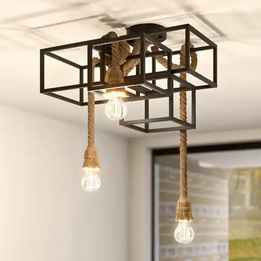 Economico Lucande plafoniera Andrik, 44 cm, a 3 luci, corda di canapa, metallo