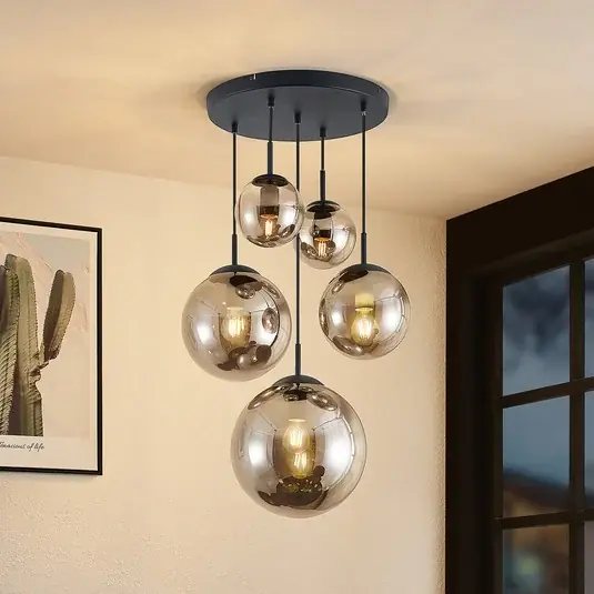 Lampada a sospensione Lindby Teeja, fumo, a 5 luci, Ø50cm, vetro, E27 Offerta Limitata