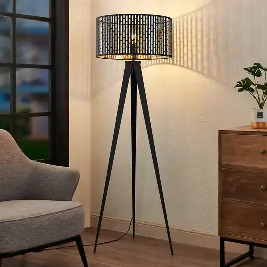 Ultimissimo Modello Lindby piantana Thoralf, treppiede, nero, tessuto, Ø50cm