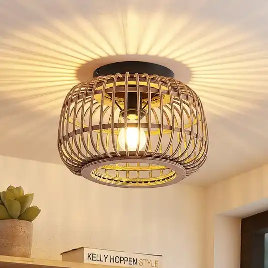 Spedito Oggi Plafoniera Lindby Bominio, Ø 33 cm, rattan, legno, E27