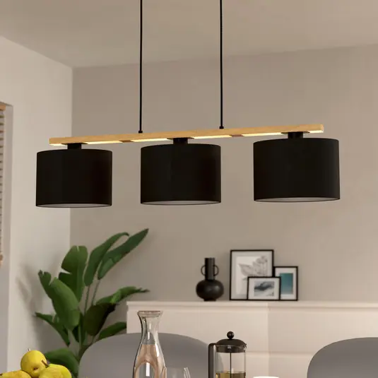 Pagamento Sicuro Lampada a sospensione Castralvo, lunghezza 97,5 cm, nero, a 3 luci, tessuto