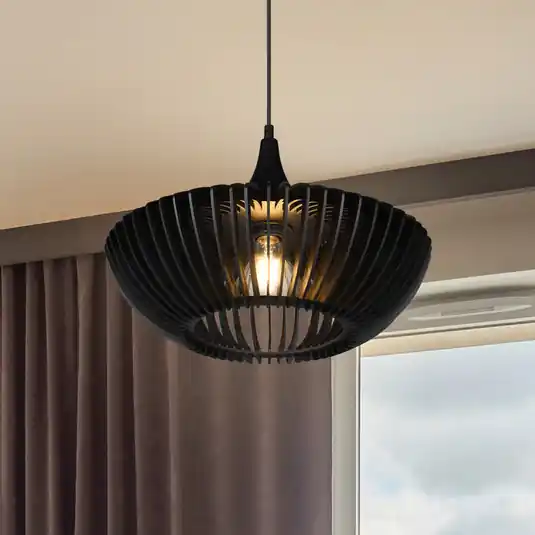 Pagamento Sicuro Lampada a sospensione Colino in lamelle di legno, nera