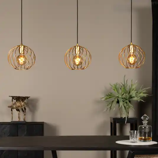 Popolare Lampada a sospensione Danza, 3 luci, lunga, oro