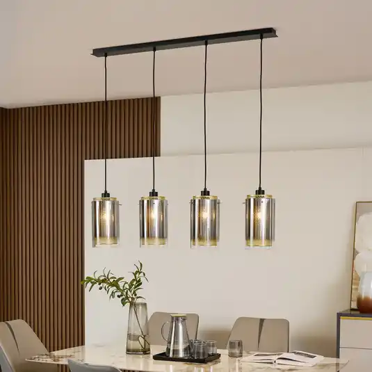 Lampada a sospensione Lucande Sterzy, lunghezza 105 cm, grigio, vetro, a 4 Nuovo Arrivo