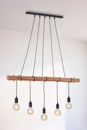 Acquista Ora Lampada a sospensione Damian con trave in legno e 5 portalampada