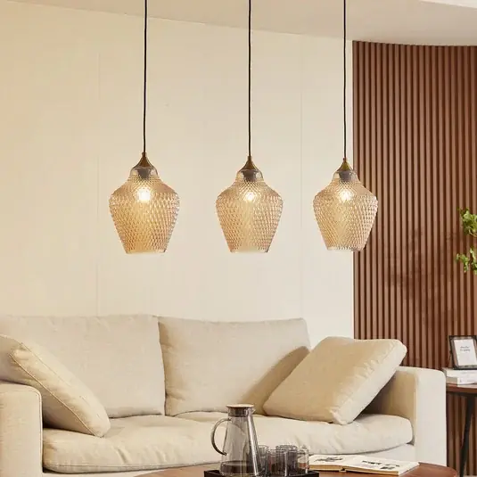 Lampada a sospensione Lindby Drakar, Ø 22 cm, a 3 luci, ambra, vetro Offerta Lampo