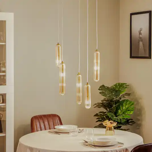 Ultima Occasione Lucande lampada a sospensione Freylin, a 5 luci, ambra, vetro, 48 cm