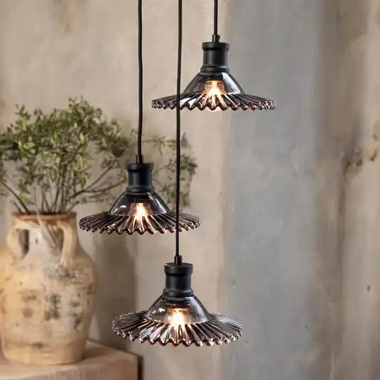 Subito Disponibile Lampada a sospensione Novia, nero, vetro fumé, a 3 luci, Ø 22 cm