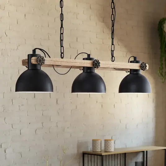 Soddisfatti O Rimborsati Lampada a sospensione Lubenham, nero/legno chiaro, lunghezza 90 cm, a 3 luci.