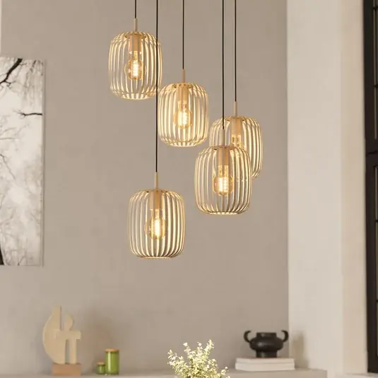 Nuova Collezione Lampada a sospensione Romazzina, color sabbia, acciaio, Ø 50 cm, a 5 luci.