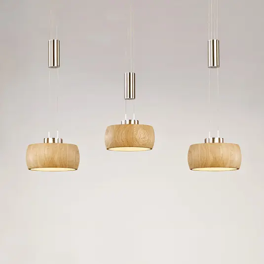 Prezzo Ridotto Lampada LED a sospensione Shine-Wood, rovere/nickel, lunghezza 100 cm a 3 luci.