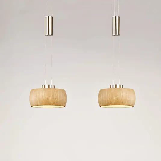 Lampada LED a sospensione Shine-Wood, legno di quercia/nickel, 65 cm, a 2 luci. Scelto Dai Clienti