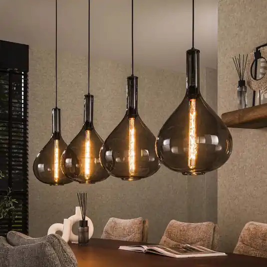 Sconto Lampada a sospensione Droppone, a 4 luci, grigio fumo, vetro, E27