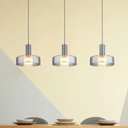 Spedito Oggi Lampada LED a sospensione Grant, lunghezza 90 cm, grigio fumo, a 3 luci, vetro