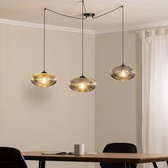 Prezzo Di Fabbrica Lampada a sospensione Origo, color fumo, decentrata, in vetro, a 3 luci.